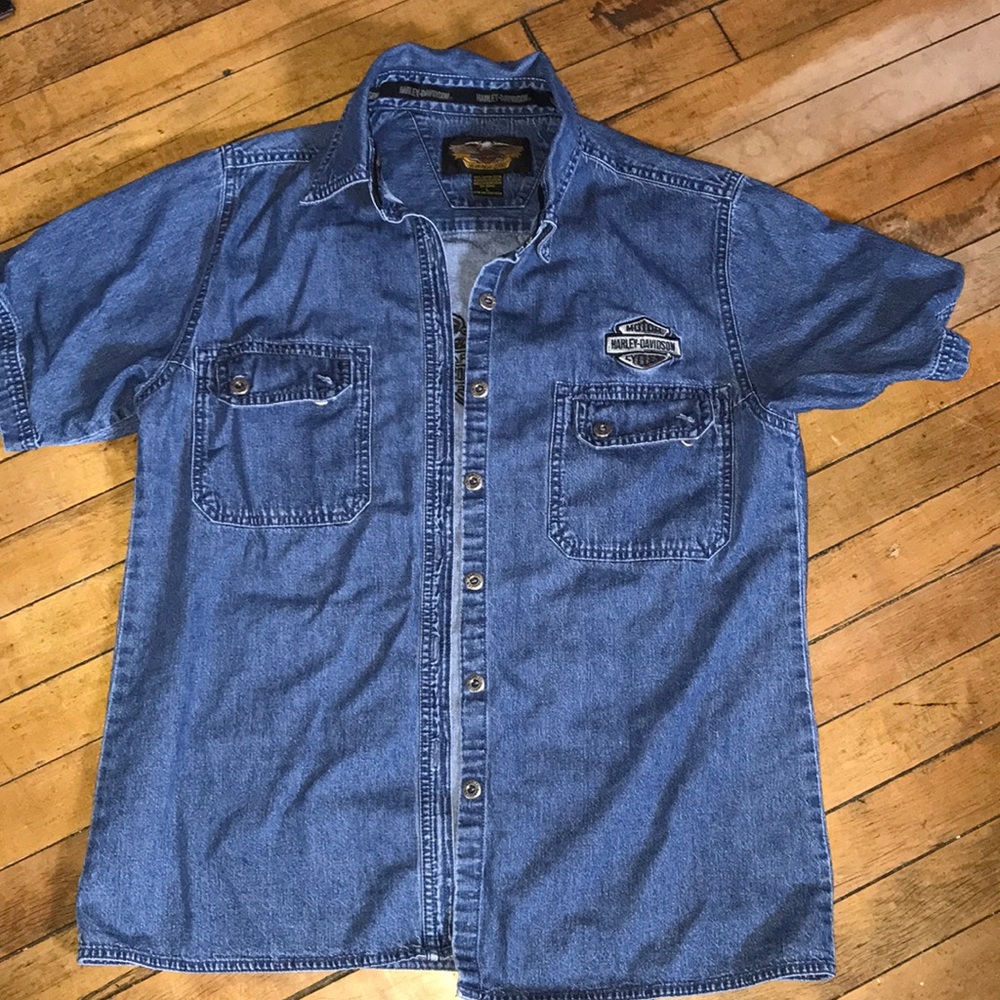Harley-Davidson Mens Blue Denim Short Sleeve Button Down Shirt Large Embroidered